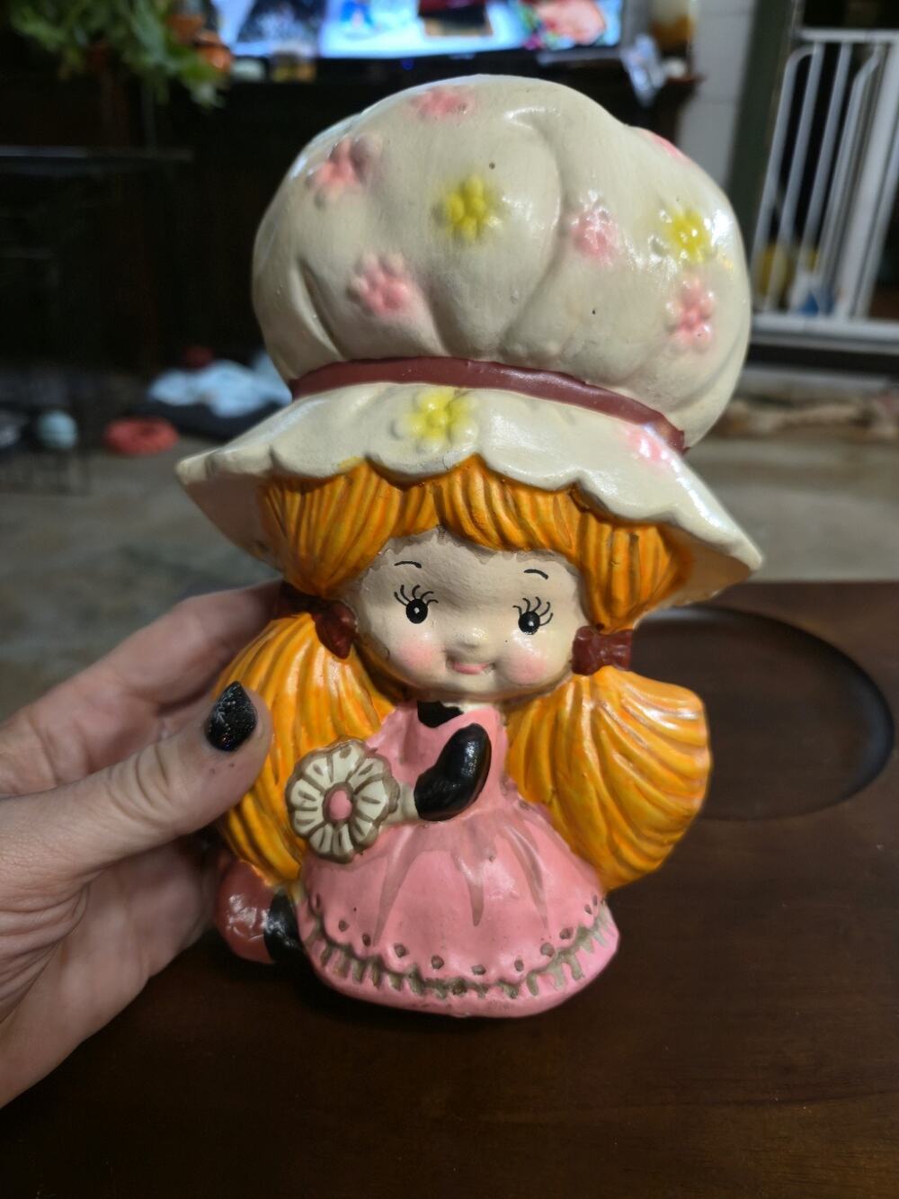 Vintage 1970s Big Bonnet Girl Ceramic Coin Bank Pink Dress No Stopper Cute